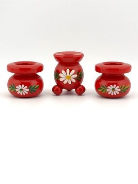 Vintage Trio Of Red Hand-Painted Swedish Folk Art Candle Holders